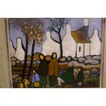 Irish School, figures on a road by whitewashed buildings, signed, 19½" x 16"