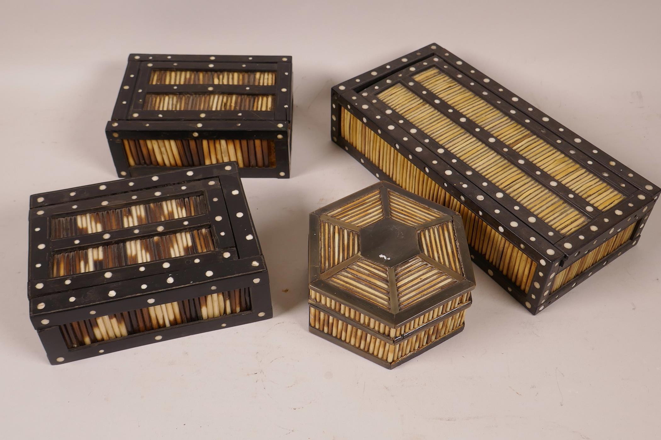 A pair of porcupine quill trinket boxes with sliding covers, 5" x 4" x 2", another similar, 8¼" x 4"