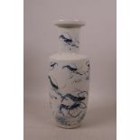 A Japanese blue and white porcelain Rouleau vase decorated with crayfish, inscription verso, 10½"