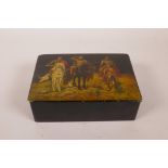 A Russian black lacquer trinket box with hand painted decoration of three C16th cavalrymen, signed