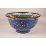 A large Chinese cloisonné bowl with dragon decoration, inset brass plaque to base with 4 character