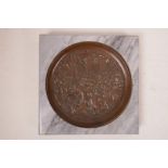 A marble framed bronze plaque with raised decoration depicting 'The Rape of the Sabine Women', 8"