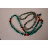 A green jade bead necklace, 20½" long, together with a turquoise and agate bead necklace