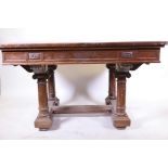 A late C19th Italian walnut extending dining table, raised on column supports with scroll