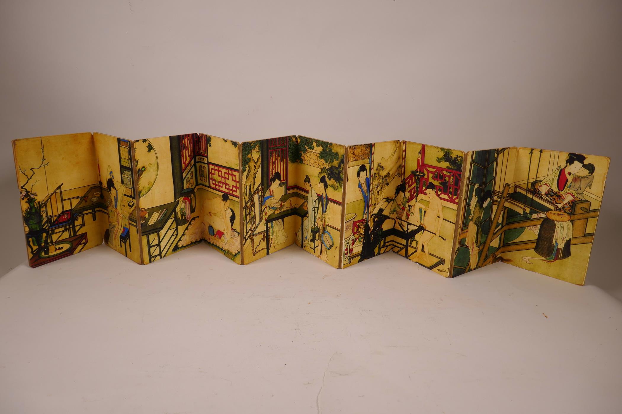 A Chinese printed concertina book depicting erotic scenes 4½" x 7½"