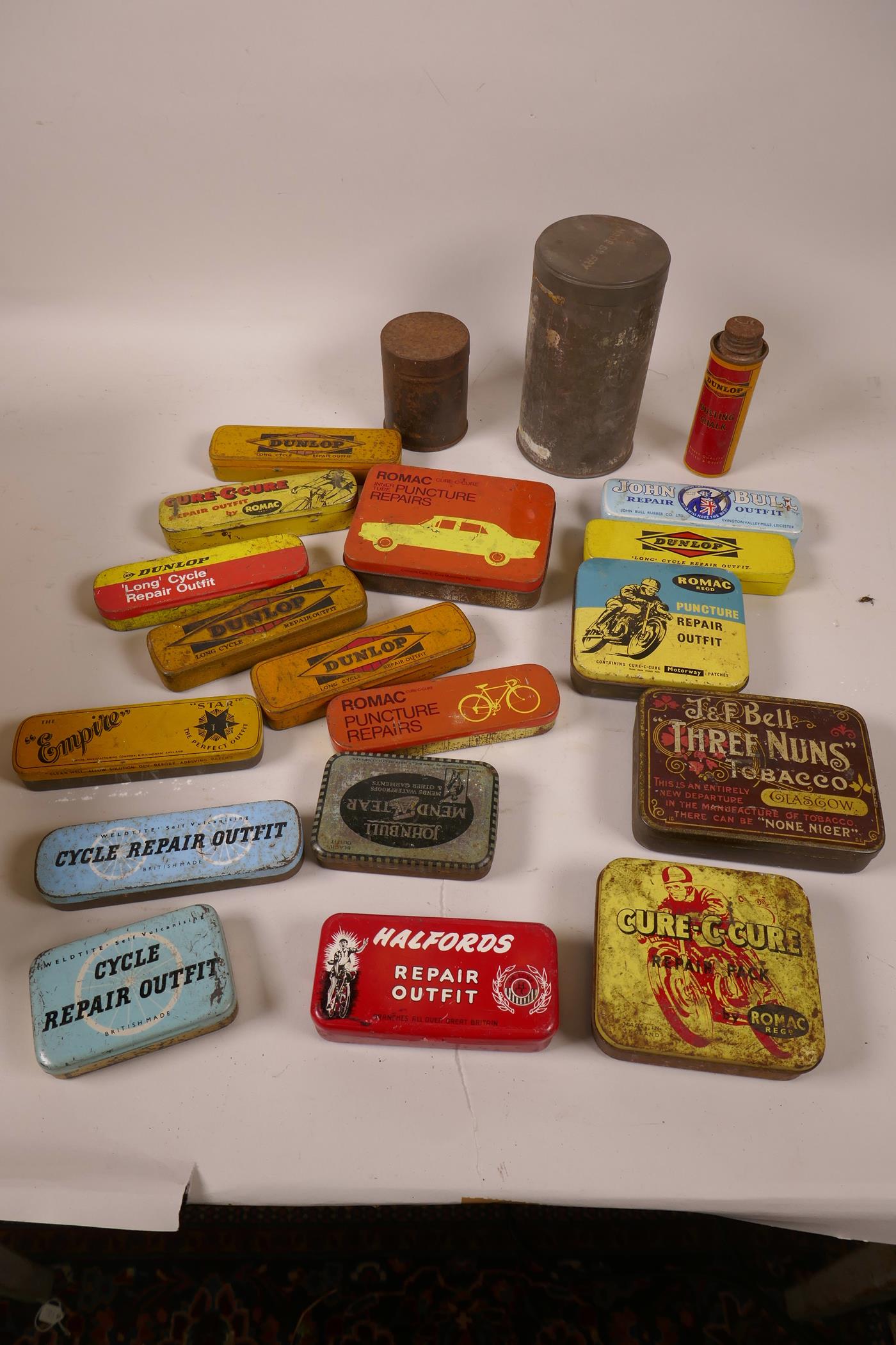 A box of vintage tins, mainly puncture repair outfits by John Bull, Romac, Dunlop, Empire etc