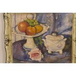 Fruit and china on a table, impressionist still life, oil on board, signed, 19" x 16"