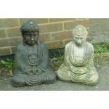 Two concrete garden figurines of Buddha seated in meditation, 17" high