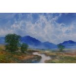 D. Edmonds, moorland river landscape with distant mountains, signed and dated 98, watercolour, 14" x