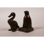 A small Chinese bronze of a penguin, and another of a duck, 2" high