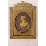 An overpainted miniature print portrait of a lady on copper, 3" x 4"