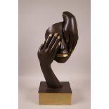 A contemporary bronze mask sculpture, signed 'Le Bao', 17½" high