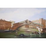 Venetian scene, the Rialto bridge, indistinctly signed, oil on canvas, 39½" x 79"