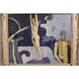 English School, nude figures near a pool, monogrammed K.M., oil on board, 19" x 15½"
