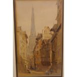 Continental town scene with tall church spire and figures in the street, signed S. Prout,