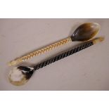 Two Ottoman horn and bone sweet spoons with carved and pierced handles, 9" long