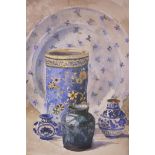 Contemporary English School, 'Still Life with Chinese Pottery', watercolour, not framed, 22" x