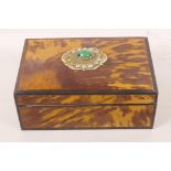 A tortoiseshell trinket box with brass and cabochon green stone embellishment to the cover, 6" x