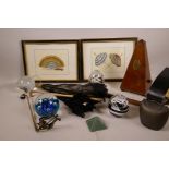 A quantity of collectable items including a walnut cased metronome, a folding parasol, cow bell,