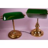 Two brass and green glass bank lamps, 14" high