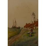 A.T. Brightwell (fl. 1900), C19th Dutch scene with mother and child to foreground and church and