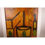 Follower of Walter Scott, pots, pans and fruit against an orange background, signed and dated '58,