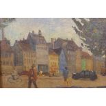 Figures in a street, signed Aage Rasmussen verso, 9" x 13"; and study of dwellings in a landscape,