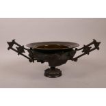 A C19th French bronze two handled censer/urn with raised barley decoration, A/F loose handles, 6"