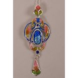 An Art Nouveau style silver and enamel necklace, 2½" drop