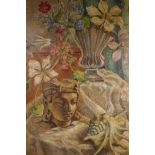 C20th English School, still life with flowers, shell and exotic head sculpture, unsigned, label