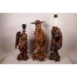Three Oriental carved hardwood figures, two converted to lamps, A/F, 19" high