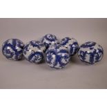 A set of six Chinese blue and white porcelain decorative balls 3½" diameter