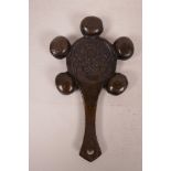 A Tibetan bronze handle rattle with dragon decoration and five bells, 9½" x 5½"