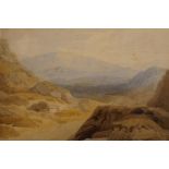 Samuel Prout (British, 1783-1852), landscape with rocky outcrops and mountains in background, signed