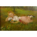 Child resting in a meadow, indistinctly signed, oil on panel, 12" x 15"