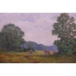 Edgar Phillips (British, C20th), 'The Cows in the Meadows', unsigned, label verso, oil on board, 18"
