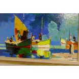 After D'Oyly John, figures in sailing boats on the quayside, signed, 21½" x 12½"