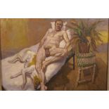 After Freud, nude gentleman and his dog on a chaise longue, oil on board, 15½" x 11"
