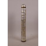 An Eastern mother of pearl and wood sectional cylinder scribe's case with bronze inkwell, 13" long