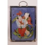 A Chinese reverse painting on glass depicting two figures standing on a leaf, 11" x 15"
