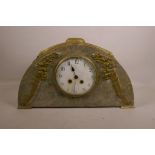 A French green marble domed top mantel clock with brass mounts and floral sprays, movement
