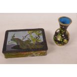 A painted antimony cigarette box, the cover with embossed pheasants by a tree, 4½" x 3½" x 1",