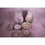 A C19th Staffordshire part wash set of two jugs, soap dishes etc