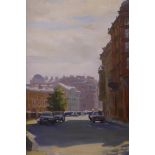 Russian School, street scene, 'St Petersburg Street, Winter', signed and inscribed verso, 14" x 10"