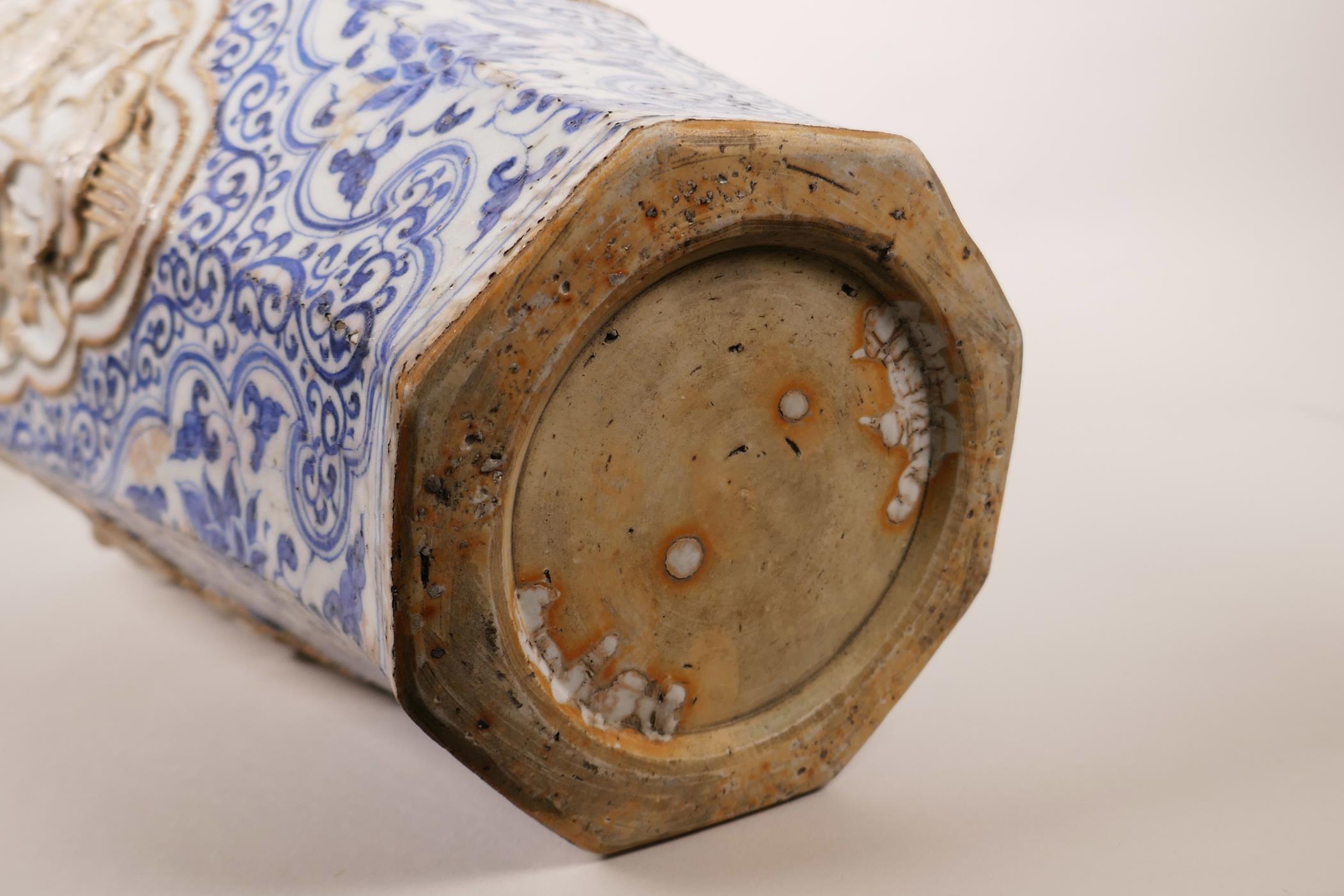 A large Chinese blue and white pottery vase of octagonal form, the panels with raised decoration - Image 6 of 6