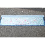 A Chinese silk embroidered table runner decorated with birds and flowering branches, 72" x 18"