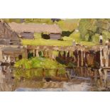 Russian School, dwellings in a river landscape with boys on a wooden jetty, signed and inscribed