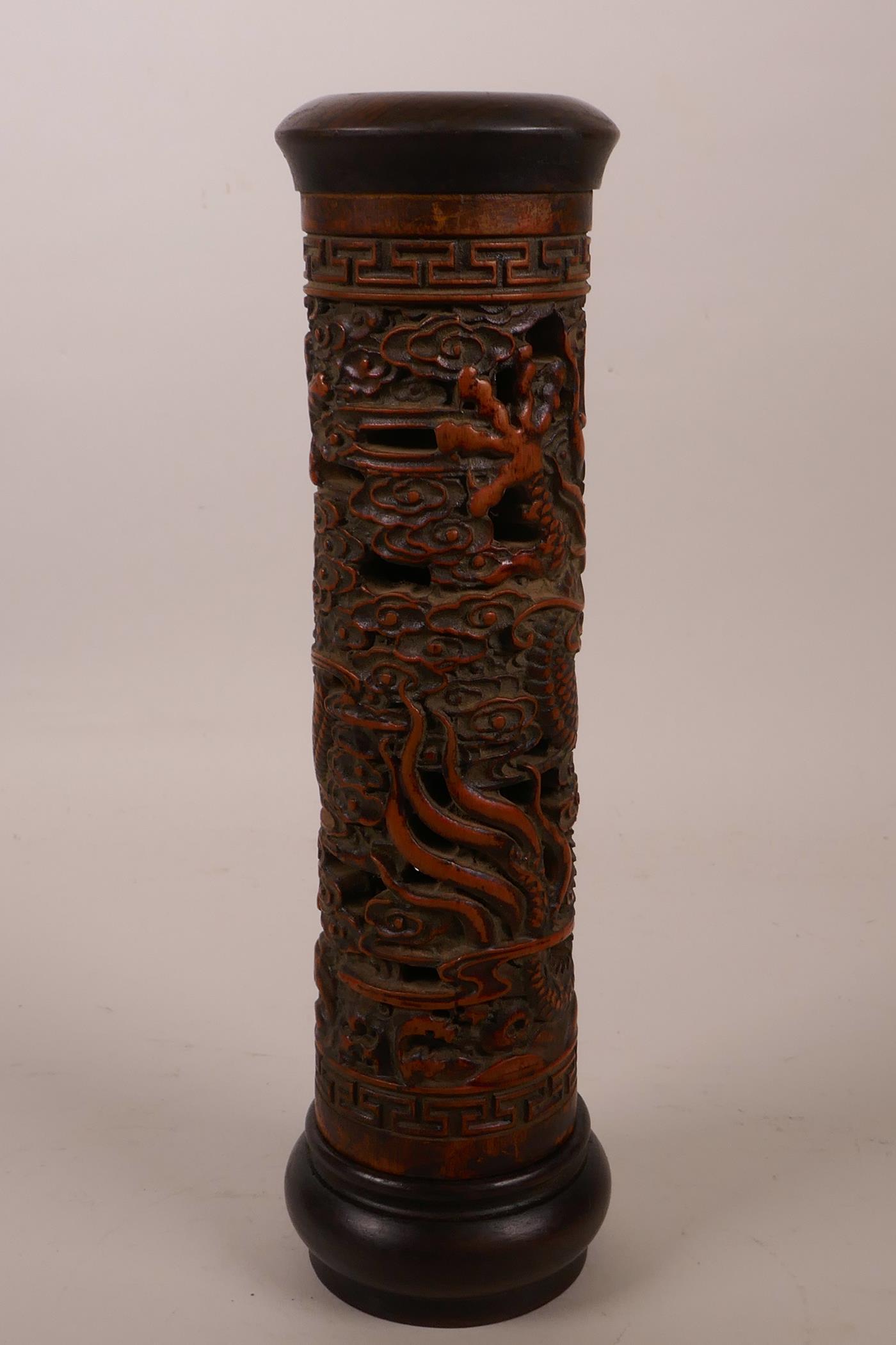 A Chinese bamboo and hardwood cylinder incense burner with carved and pierced dragon decoration, 10" - Image 3 of 4