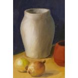English School, C20th still life of two pots and onions, unsigned, oil on board, 15" x 14"