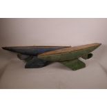 Two wooden pond yacht hulls with metal weighted keels, 24" long